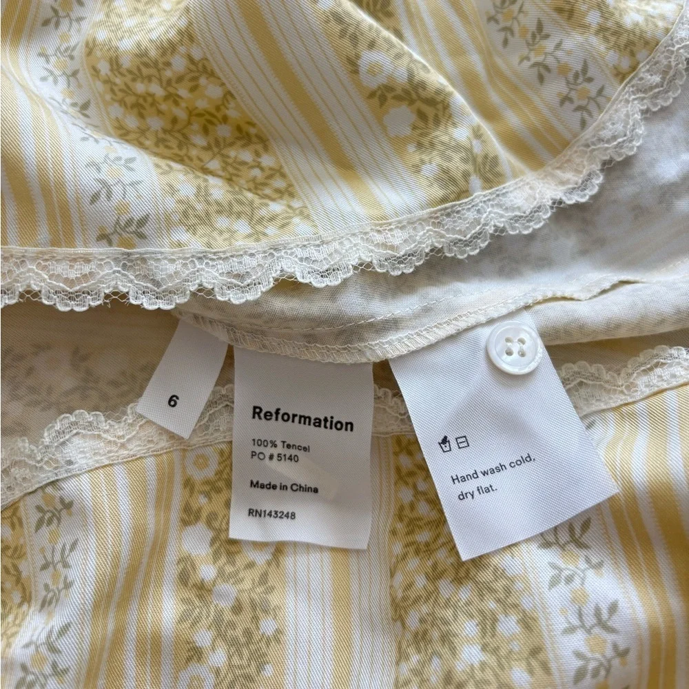 Reformation Midi Length Sandalwood Clara Yellow Floral Dress Lace Trim Sz 6 - Picture 7 of 11